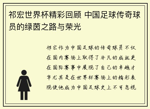 祁宏世界杯精彩回顾 中国足球传奇球员的绿茵之路与荣光