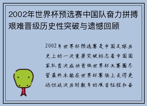 2002年世界杯预选赛中国队奋力拼搏艰难晋级历史性突破与遗憾回顾