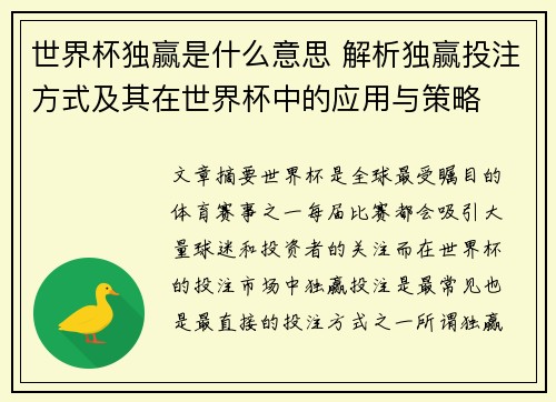 世界杯独赢是什么意思 解析独赢投注方式及其在世界杯中的应用与策略