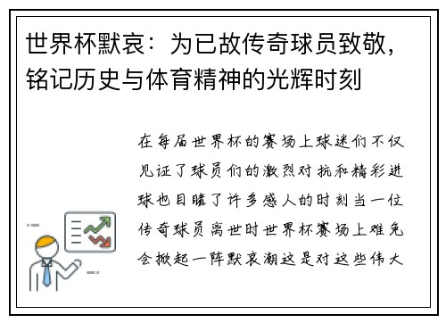 世界杯默哀：为已故传奇球员致敬，铭记历史与体育精神的光辉时刻