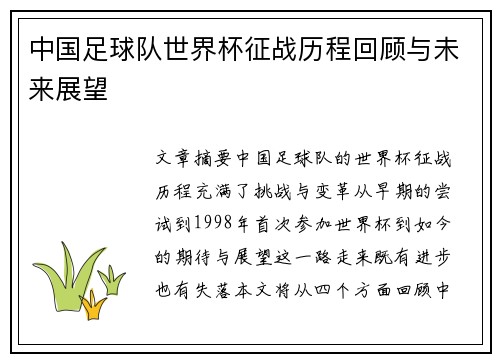 中国足球队世界杯征战历程回顾与未来展望