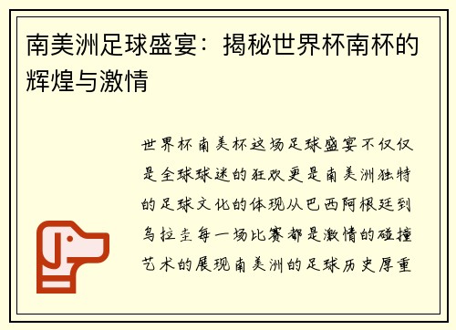南美洲足球盛宴：揭秘世界杯南杯的辉煌与激情